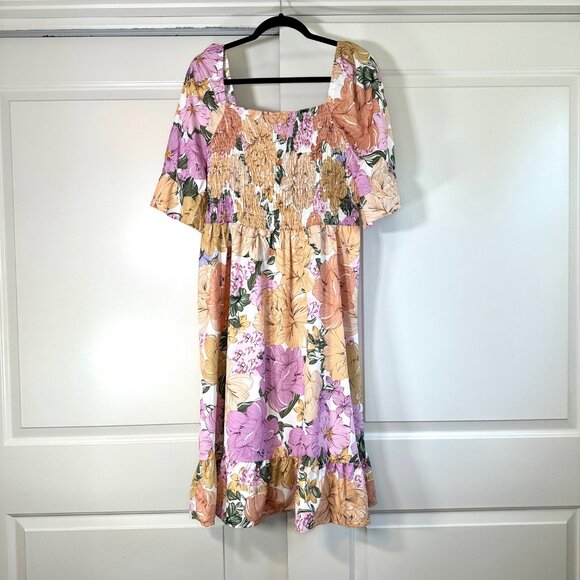 Square Neck Shirred Smocked Peach and Pink Floral Midi Dress 2XL - Picture 2 of 7